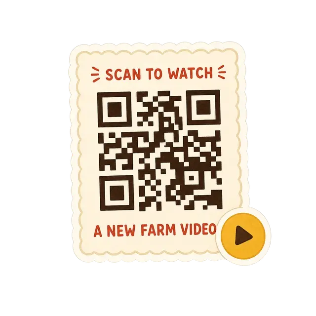 A QR code card linking to a farm video